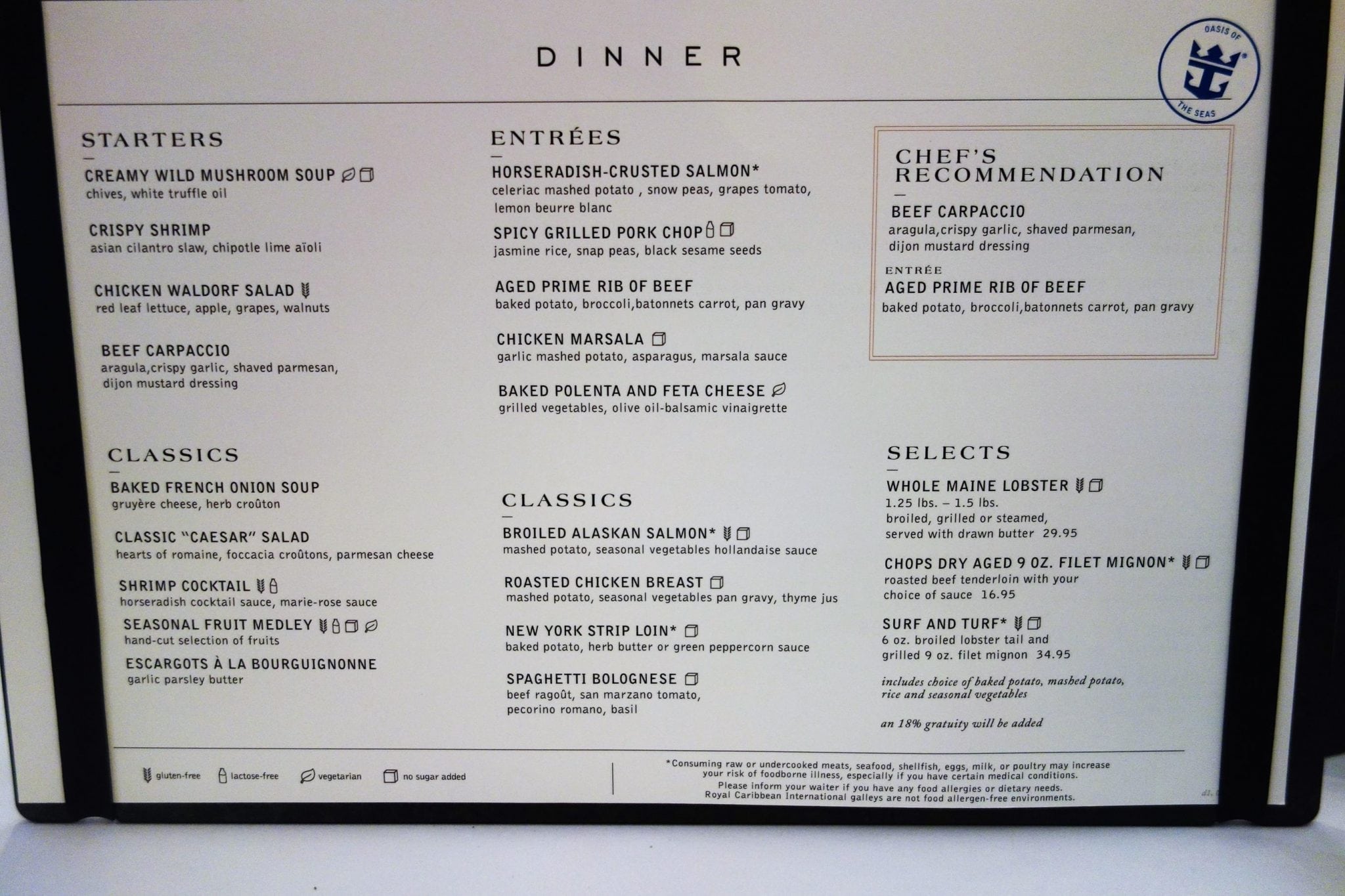 oasis main dining room menu
