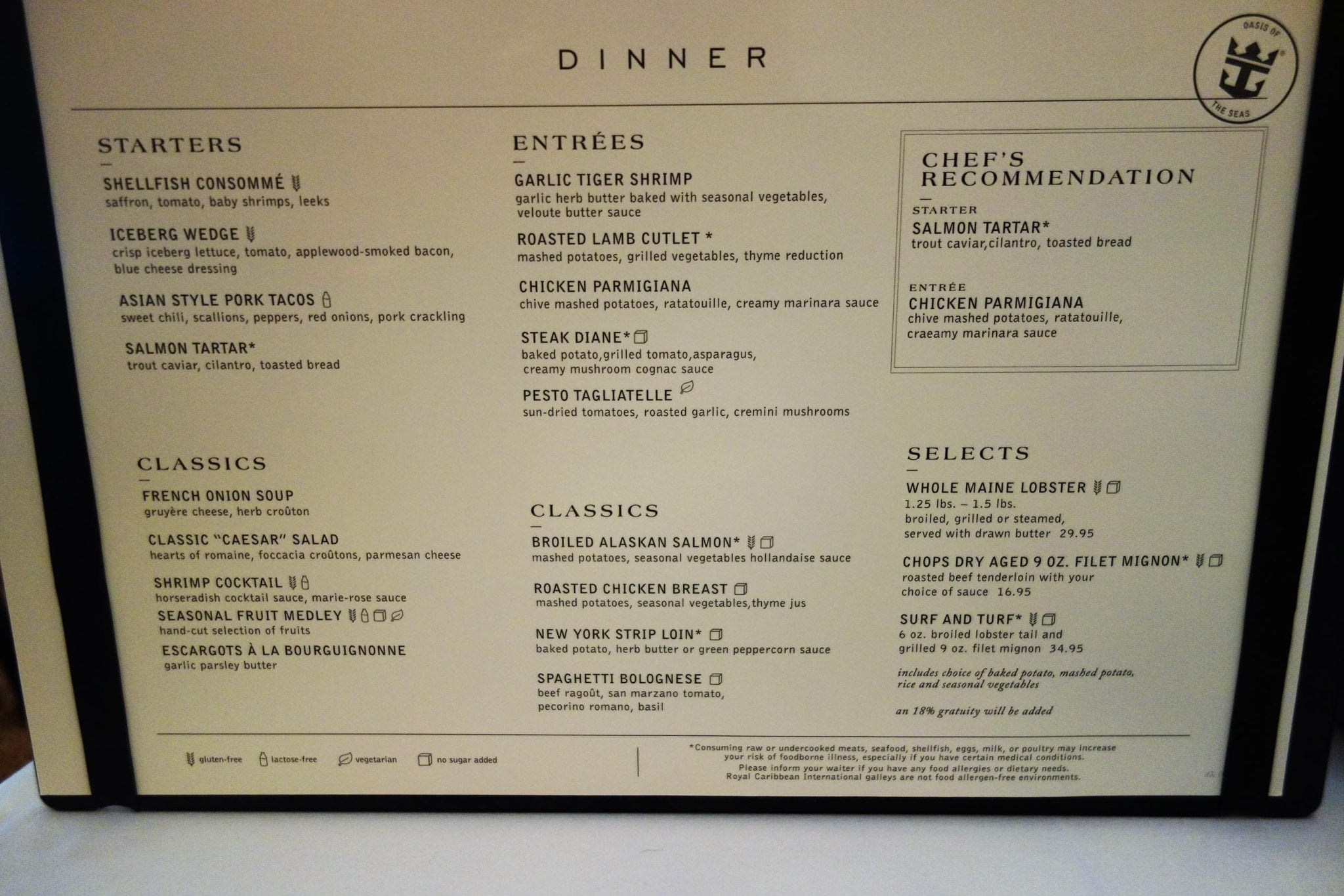 Royal Caribbean Oasis Dining Room Menu