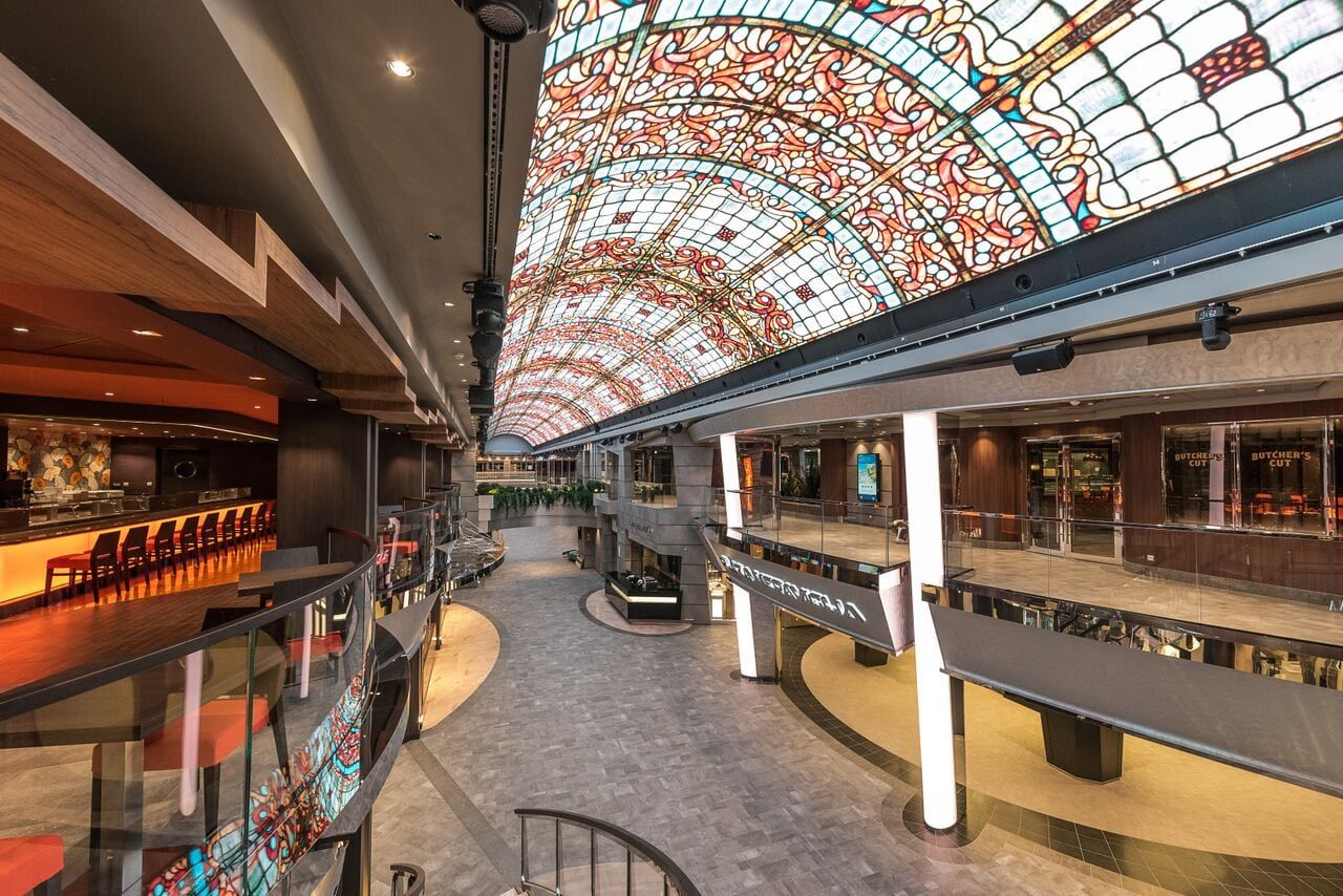 Inside of the Meravigila Galleria. Mall onboard the cruise ship