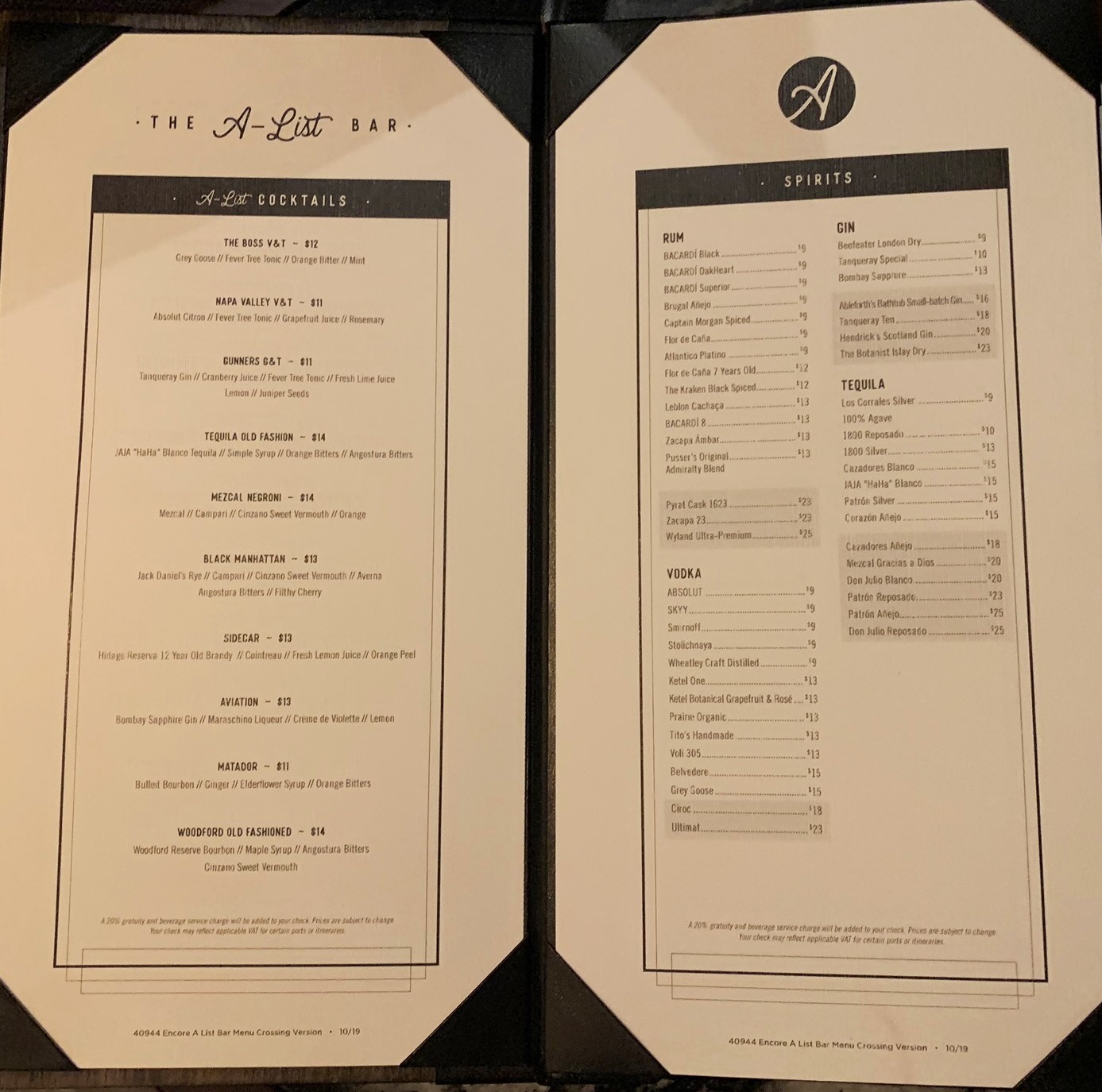 Norwegian Encore Bar Guide and Menus